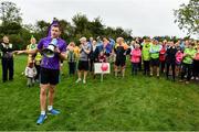 19 October 2019; Vhi ambassador and Olympian David Gillick leads the warm-up at the Porterstown parkrun where Vhi hosted a special event to celebrate their partnership with parkrun Ireland. Parkrunners enjoyed refreshments post event at the Vhi Rehydrate, Relax, Refuel and Reward areas. parkrun in partnership with Vhi support local communities in organising free, weekly, timed 5k runs every Saturday at 9.30am. To register for a parkrun near you visit www.parkrun.ie. Photo by Seb Daly/Sportsfile