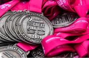 19 October 2019; A general view of the particpants medals awaiting collection during the Great Pink Run with Glanbia, which took place in Dublin’s Phoenix Park on Saturday, October 19th 2019. Over 10,000 men, women and children took part in both the 10K challenge and the 5K fun run across three locations, raising over €600,000 to support Breast Cancer Ireland’s pioneering research and awareness programmes. The Kilkenny Great Pink Run will take place on Sunday, 20th and the inaugural Chicago run took place on October, 5th in Diversey Harbor. For more information go to www.breastcancerireland.com. Photo by Sam Barnes/Sportsfile