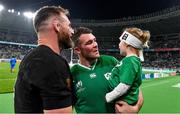 19 October 2019; Peter O'Mahony of Ireland and his daughter Indie with Kieran Read of New Zealand after the 2019 Rugby World Cup Quarter-Final match between New Zealand and Ireland at the Tokyo Stadium in Chofu, Japan. Photo by Brendan Moran/Sportsfile