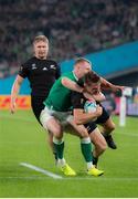 19 October 2019; Beauden Barrett of New Zealand is tackled by Keith Earls of Ireland during the 2019 Rugby World Cup Quarter-Final match between New Zealand and Ireland at the Tokyo Stadium in Chofu, Japan. Photo by Juan Gasparini/Sportsfile