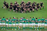 19 October 2019; Ireland watch on as New Zealand perform the &quot;Haka&quot; prior to the 2019 Rugby World Cup Quarter-Final match between New Zealand and Ireland at the Tokyo Stadium in Chofu, Japan. Photo by Juan Gasparini/Sportsfile