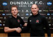 19 October 2019; Dundalk head coach Vinny Perth, left, and Gary Rogers of Dundalk after signing a new contract with Dundalk FC at Oriel Park, Dundalk. Photo by Oliver McVeigh/Sportsfile