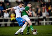 19 October 2019; Eanna Fitzgerald of Republic of Ireland in action against Ári Arnason of Faroe Islands  during the Under-15 UEFA Development Tournament match between Republic of Ireland and Faroe Islands at Westport in Mayo. Photo by Harry Murphy/Sportsfile