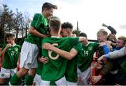 19 October 2019; Adam Nugent of Republic of Ireland celebrates after scoring his side's first goal with team-mates during the Under-15 UEFA Development Tournament match between Republic of Ireland and Faroe Islands at Westport in Mayo. Photo by Harry Murphy/Sportsfile