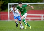 19 October 2019; Liam Murray of Republic of Ireland in action against Hans Pauli á Bø of Faroe Islands during the Under-15 UEFA Development Tournament match between Republic of Ireland and Faroe Islands at Westport in Mayo. Photo by Harry Murphy/Sportsfile