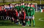 19 October 2019; Republic of Ireland players sing the national anthem prior to the Under-15 UEFA Development Tournament match between Republic of Ireland and Faroe Islands at Westport in Mayo. Photo by Harry Murphy/Sportsfile