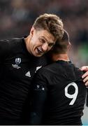19 October 2019; Beauden Barrett of New Zealand and Aaron Smith of New Zealand celebrate during the Rugby World Cup Quarter-Final match between New Zealand and Ireland at the Tokyo Stadium in Chofu, Japan. Photo by Juan Gasparini/Sportsfile