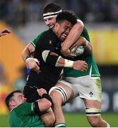 19 October 2019; Ardie Savea of New Zealand is tackled by Cian Healy and Iain Henderson of Ireland during the 2019 Rugby World Cup Quarter-Final match between New Zealand and Ireland at the Tokyo Stadium in Chofu, Japan. Photo by Ramsey Cardy/Sportsfile