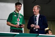 19 October 2019; Minister for Transport, Tourism and Sport Shane Ross T.D., and his grandson Tom in attendance at the 2019 Rugby World Cup Quarter-Final match between New Zealand and Ireland at the Tokyo Stadium in Chofu, Japan. Photo by Brendan Moran/Sportsfile