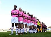 19 October 2019; Blessing Kinsley and her Wexford Youths team-mate stand for the national anthem before the Só Hotels Women’s National League Under-17 League Final match between Galway WFC and Wexford Youths at Eamonn Deacy Park in Galway. Photo by Matt Browne/Sportsfile