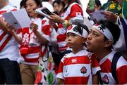 20 October 2019; Japan supporters sing the South Africa National Anthem ahead of the 2019 Rugby World Cup Quarter-Final match between Japan and South Africa at the Tokyo Stadium in Chofu, Japan. Photo by Ramsey Cardy/Sportsfile