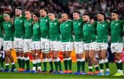19 October 2019; Ireland players, from left, Josh van der Flier, Iain Henderson, Rhys Ruddock, Joey Carbery, Tadhg Beirne, Jonathan Sexton, Rory Best, Peter O'Mahony, Andrew Porter, Rob Kearney, and Conor Murray face the New Zealand team as they perform the Haka prior to the 2019 Rugby World Cup Quarter-Final match between New Zealand and Ireland at the Tokyo Stadium in Chofu, Japan. Photo by Brendan Moran/Sportsfile