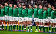 19 October 2019; Ireland players, from left, Joey Carbery, Tadhg Beirne, Jonathan Sexton, Rory Best, Peter O'Mahony, Andrew Porter, Rob Kearney, Conor Murray, Tadhg Furlong, Luke McGrath, Jacob Stockdale, and Jordan Larmour face the New Zealand team as they perform the Haka prior to the 2019 Rugby World Cup Quarter-Final match between New Zealand and Ireland at the Tokyo Stadium in Chofu, Japan. Photo by Brendan Moran/Sportsfile