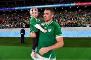 19 October 2019; Peter O'Mahony of Ireland with his daughter Indie after the 2019 Rugby World Cup Quarter-Final match between New Zealand and Ireland at the Tokyo Stadium in Chofu, Japan. Photo by Brendan Moran/Sportsfile