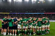 19 October 2019; The Ireland squad huddle together after the 2019 Rugby World Cup Quarter-Final match between New Zealand and Ireland at the Tokyo Stadium in Chofu, Japan. Photo by Brendan Moran/Sportsfile