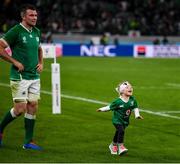 19 October 2019; Indie O'Mahony, daughter of Peter O'Mahony of Ireland, left, runs on the pitch after the 2019 Rugby World Cup Quarter-Final match between New Zealand and Ireland at the Tokyo Stadium in Chofu, Japan. Photo by Brendan Moran/Sportsfile