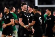 19 October 2019; Beauden Barrett, left, and Richie Mo'unga of New Zealand during the 2019 Rugby World Cup Quarter-Final match between New Zealand and Ireland at the Tokyo Stadium in Chofu, Japan. Photo by Ramsey Cardy/Sportsfile