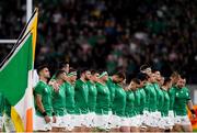 19 October 2019; The Ireland team line up for the National Anthem ahead of the 2019 Rugby World Cup Quarter-Final match between New Zealand and Ireland at the Tokyo Stadium in Chofu, Japan. Photo by Ramsey Cardy/Sportsfile