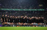 19 October 2019; The New Zealand team during the National Anthem ahead of the 2019 Rugby World Cup Quarter-Final match between New Zealand and Ireland at the Tokyo Stadium in Chofu, Japan. Photo by Ramsey Cardy/Sportsfile