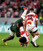 20 October 2019; Tendai Mtawarira of South Africa tackles Keita Inagaki of Japan, resulting in a yellow card for Tendai Mtawarira of South Africa during the 2019 Rugby World Cup Quarter-Final match between Japan and South Africa at the Tokyo Stadium in Chofu, Japan. Photo by Brendan Moran/Sportsfile