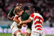 20 October 2019; Pieter-Steph Du Toit of South Africa is tackled by Pieter Labuschagne, left, and Shota Horie of Japan during the 2019 Rugby World Cup Quarter-Final match between Japan and South Africa at the Tokyo Stadium in Chofu, Japan. Photo by Brendan Moran/Sportsfile