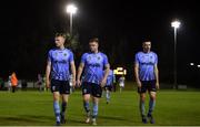 18 October 2019; Dejected UCD players, from left, Liam Scales, Sam Byrne and Richie O'Farrell the SSE Airtricity League Premier Division match between UCD and Shamrock Rovers at The UCD Bowl in Belfield, Dublin. Photo by Ben McShane/Sportsfile