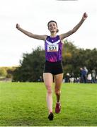 20 October 2019; Abbie Donnelly of England celebrates winning the Senior Women 6000m XC event during the SPAR Autumn Open International Cross Country Festival at the National Sports Campus Abbotstown in Dublin. Photo by Sam Barnes/Sportsfile
