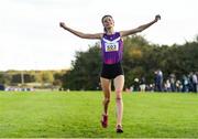 20 October 2019; Abbie Donnelly of England celebrates winning the Senior Women 6000m XC event during the SPAR Autumn Open International Cross Country Festival at the National Sports Campus Abbotstown in Dublin. Photo by Sam Barnes/Sportsfile