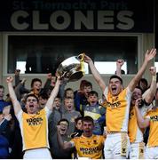 20 October 2019; Pauric Boyle and Brian Greenan of Clontibret O'Neills lift the Mick Duffy cup following the Monaghan County Senior Club Football Championship Final match between Clontibret O'Neills and Scotstown at St Tiernach's Park in Clones, Monaghan. Photo by Philip Fitzpatrick/Sportsfile