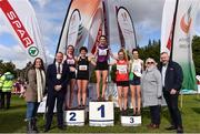 20 October 2019; In attendance at the medal presentation for the Senior Women's 6000m XC event are, from left, Emer O'Gorman, Director of Services, Fingal County Council, Cllr Eoghan O'Brien, Mayor of Fingal, Kirsty Walker of England, fifth, Becky Straw of England, silver, Abbie Donnelly, gold, Mary Mulhare of Portlaoise A.C., Co. Laois, bronze, Una Britton of Kilcoole A.C., Co. Wicklow, fourth, Georgine Drumm, President, Athletics Ireland, and Colin Donnelly, Spar Sales Director,  during the SPAR Autumn Open International Cross Country Festival at the National Sports Campus Abbotstown in Dublin. Photo by Sam Barnes/Sportsfile