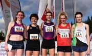 20 October 2019; In attendance at the medal presentation for the Senior Women's 6000m XC event are, from left, Kirsty Walker of England, fifth, Becky Straw of England, silver, Abbie Donnelly, gold, Mary Mulhare of Portlaoise A.C., Co. Laois, bronze, Una Britton of Kilcoole A.C., Co. Wicklow, fourth, during the SPAR Autumn Open International Cross Country Festival at the National Sports Campus Abbotstown in Dublin. Photo by Sam Barnes/Sportsfile