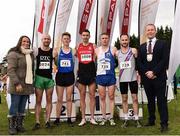 20 October 2019; In attendance at the medal presentation for the Senior Men's 7500m XC event are, from left, Emer O'Gorman, Director of Services, Fingal County Council, Kevin Maunsell of Clonmel AC, Co. Tipperary, fifth, James Gormley of England, silver, Conor Bradley of City of Derry Spartans AC, Co. Derry, gold, Liam Brady of Tullamore Harriers A.C., Co. Offaly, bronze, Matt Bergin of Dundrum South Dublin AC, fourth, and Cllr Eoghan O'Brien, Mayor of Fingal, during the SPAR Autumn Open International Cross Country Festival at the National Sports Campus Abbotstown in Dublin. Photo by Sam Barnes/Sportsfile