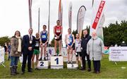 20 October 2019; In attendance at the medal presentation for the Senior Men's 7500m XC event are, from left, Emer O'Gorman, Director of Services, Fingal County Council,  Cllr Eoghan O'Brien, Mayor of Fingal, Kevin Maunsell of Clonmel AC, Co. Tipperary, fifth, James Gormley of England, silver, Conor Bradley of City of Derry Spartans AC, Co. Derry, gold, Liam Brady of Tullamore Harriers A.C., Co. Offaly, bronze, Matt Bergin of Dundrum South Dublin AC, fourth, Colin Donnelly, Spar Sales Director, and Georgina Drumm, Athletics Ireland President, during the SPAR Autumn Open International Cross Country Festival at the National Sports Campus Abbotstown in Dublin. Photo by Sam Barnes/Sportsfile