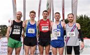 20 October 2019; In attendance at the medal presentation for the Senior Men's 7500m XC event are, from left, Kevin Maunsell of Clonmel AC, Co. Tipperary, fifth, James Gormley of England, silver, Conor Bradley of City of Derry Spartans AC, Co. Derry, gold, Liam Brady of Tullamore Harriers A.C., Co. Offaly, bronze, Matt Bergin of Dundrum South Dublin AC, fourth, during the SPAR Autumn Open International Cross Country Festival at the National Sports Campus Abbotstown in Dublin. Photo by Sam Barnes/Sportsfile