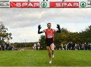 20 October 2019; Conor Bradley of City of Derry Spartans AC celebrates as he crosses the line to win the Senior Men's 7500m XC event during the SPAR Autumn Open International Cross Country Festival at the National Sports Campus Abbotstown in Dublin. Photo by Sam Barnes/Sportsfile