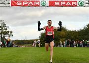 20 October 2019; Conor Bradley of City of Derry Spartans AC celebrates as he crosses the line to win the Senior Men's 7500m XC event during the SPAR Autumn Open International Cross Country Festival at the National Sports Campus Abbotstown in Dublin. Photo by Sam Barnes/Sportsfile