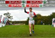 20 October 2019; Darragh Fitzpatrick celebrates as he crosses the finish line during the SPAR Cross Country Xperience at the National Sports Campus Abbotstown in Dublin. Photo by Sam Barnes/Sportsfile