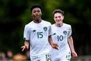 21 October 2019; Giddeon Tetteh of Republic of Ireland celebrates scoring his side's fourth goal with team-mate James McManus, right, during the Under-15 UEFA Development Tournament match between Republic of Ireland and Luxembourg at Ballina Town FC in Mayo. Photo by Piaras Ó Mídheach/Sportsfile