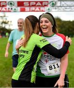 20 October 2019; Greta Hoey, left, and Kim Wilkinson-Daly embrace one another after finishing the SPAR Cross Country Xperience at the National Sports Campus Abbotstown in Dublin. Photo by Sam Barnes/Sportsfile