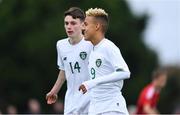 21 October 2019; Caden McLoughlin of Republic of Ireland, right, celebrates scoring his side's sixth goal with team-mate Liam Murray during the Under-15 UEFA Development Tournament match between Republic of Ireland and Luxembourg at Ballina Town FC in Mayo. Photo by Piaras Ó Mídheach/Sportsfile