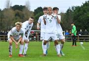 21 October 2019; Caden McLoughlin of Republic of Ireland, 9, celebrates with team-mates after scoring his side's sixth goal during the Under-15 UEFA Development Tournament match between Republic of Ireland and Luxembourg at Ballina Town FC in Mayo. Photo by Piaras Ó Mídheach/Sportsfile