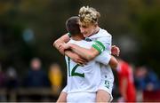 21 October 2019; Sam Curtis of Republic of Ireland, right, celebrates scoring his side's eighth goal with team-mate Mark Tansey during the Under-15 UEFA Development Tournament match between Republic of Ireland and Luxembourg at Ballina Town FC in Mayo. Photo by Piaras Ó Mídheach/Sportsfile