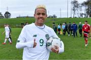 21 October 2019; Caden McLoughlin of Republic of Ireland, who scored a hat-trick, celebrates after the Under-15 UEFA Development Tournament match between Republic of Ireland and Luxembourg at Ballina Town FC in Mayo. Photo by Piaras Ó Mídheach/Sportsfile