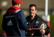 21 October 2019; Head coach Johann van Graan, right, in conversation with senior coach Stephen Larkham during Munster Rugby squad training at the University of Limerick in Limerick. Photo by Diarmuid Greene/Sportsfile