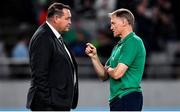 19 October 2019; Ireland head coach Joe Schmidt, right, greets New Zealand head coach Steve Hansen prior to the 2019 Rugby World Cup Quarter-Final match between New Zealand and Ireland at the Tokyo Stadium in Chofu, Japan. Photo by Brendan Moran/Sportsfile