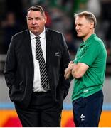 19 October 2019; Ireland head coach Joe Schmidt, right, greets New Zealand head coach Steve Hansen prior to the 2019 Rugby World Cup Quarter-Final match between New Zealand and Ireland at the Tokyo Stadium in Chofu, Japan. Photo by Brendan Moran/Sportsfile