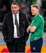 19 October 2019; Ireland head coach Joe Schmidt, right, greets New Zealand head coach Steve Hansen prior to the 2019 Rugby World Cup Quarter-Final match between New Zealand and Ireland at the Tokyo Stadium in Chofu, Japan. Photo by Brendan Moran/Sportsfile