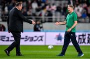 19 October 2019; Ireland head coach Joe Schmidt, right, greets New Zealand head coach Steve Hansen prior to the 2019 Rugby World Cup Quarter-Final match between New Zealand and Ireland at the Tokyo Stadium in Chofu, Japan. Photo by Brendan Moran/Sportsfile