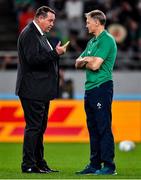 19 October 2019; Ireland head coach Joe Schmidt, right, greets New Zealand head coach Steve Hansen prior to the 2019 Rugby World Cup Quarter-Final match between New Zealand and Ireland at the Tokyo Stadium in Chofu, Japan. Photo by Brendan Moran/Sportsfile