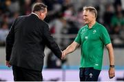 19 October 2019; Ireland head coach Joe Schmidt, right, greets New Zealand head coach Steve Hansen prior to the 2019 Rugby World Cup Quarter-Final match between New Zealand and Ireland at the Tokyo Stadium in Chofu, Japan. Photo by Brendan Moran/Sportsfile